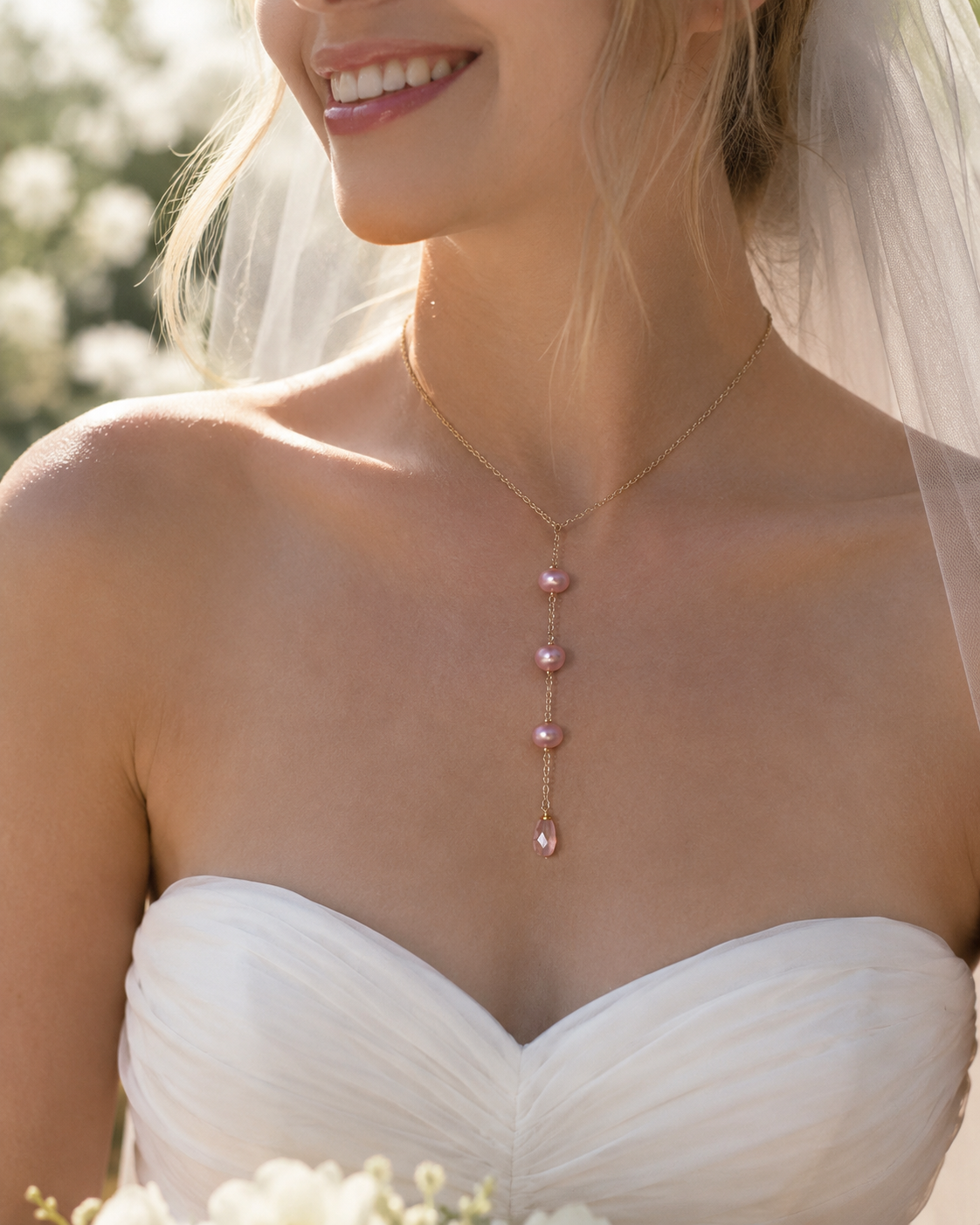 Woman wearing a delicate necklace with a blurred outdoor background
