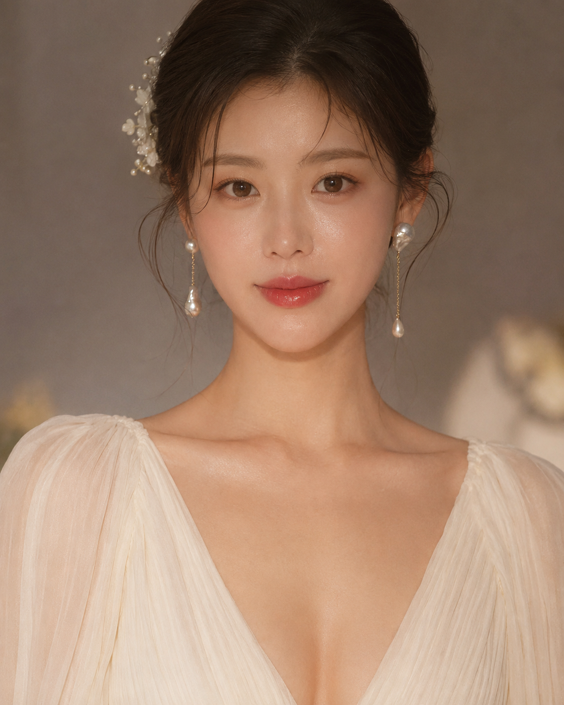 Bridal wearing a white dress with a blurred background with baroque pearl earrings.