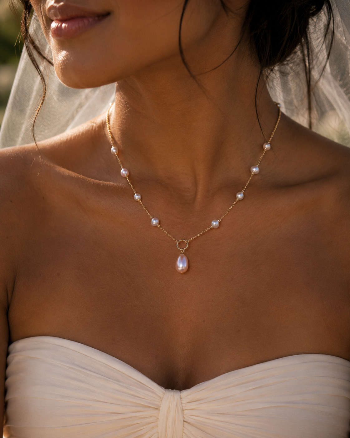 Close-up of a woman wearing a delicate pearl necklace with a blurred background
