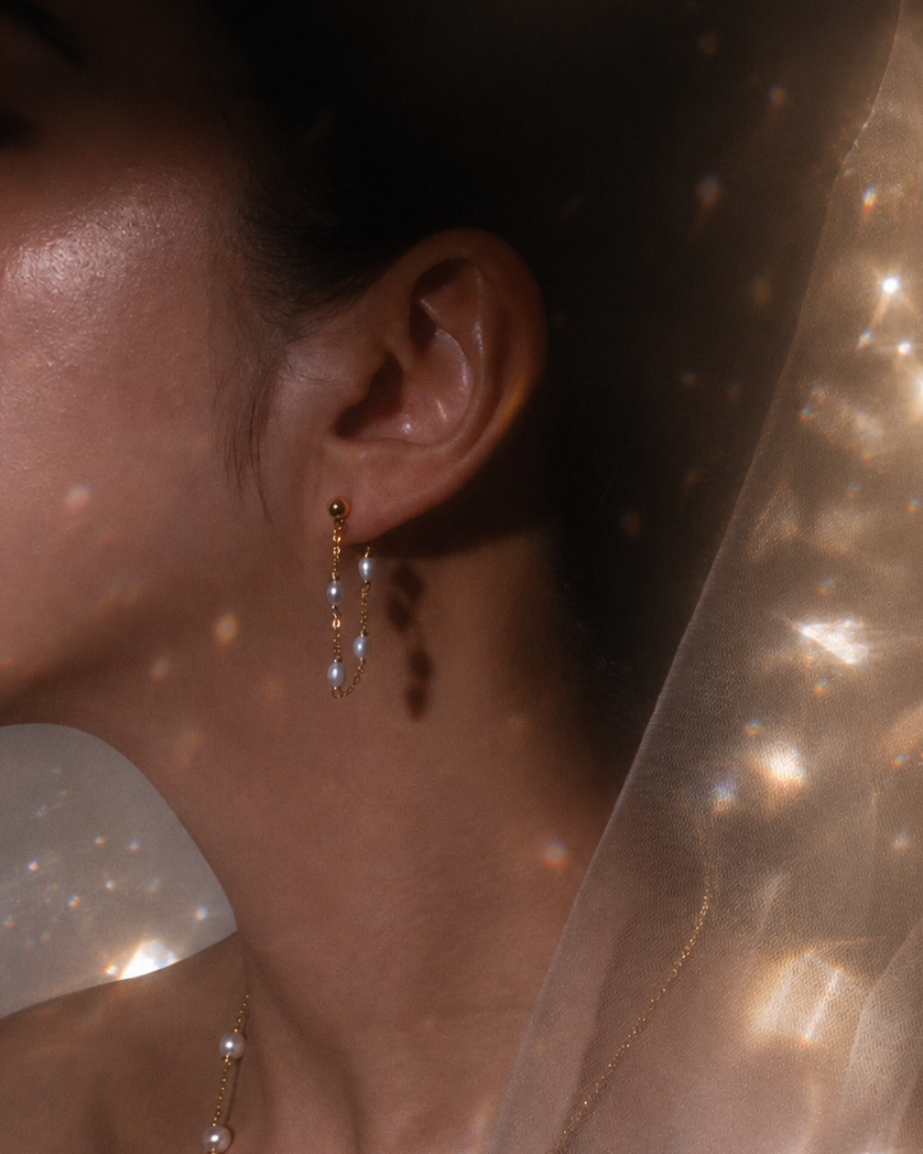 Close-up of an ear wearing a delicate earring with a soft, blurred background