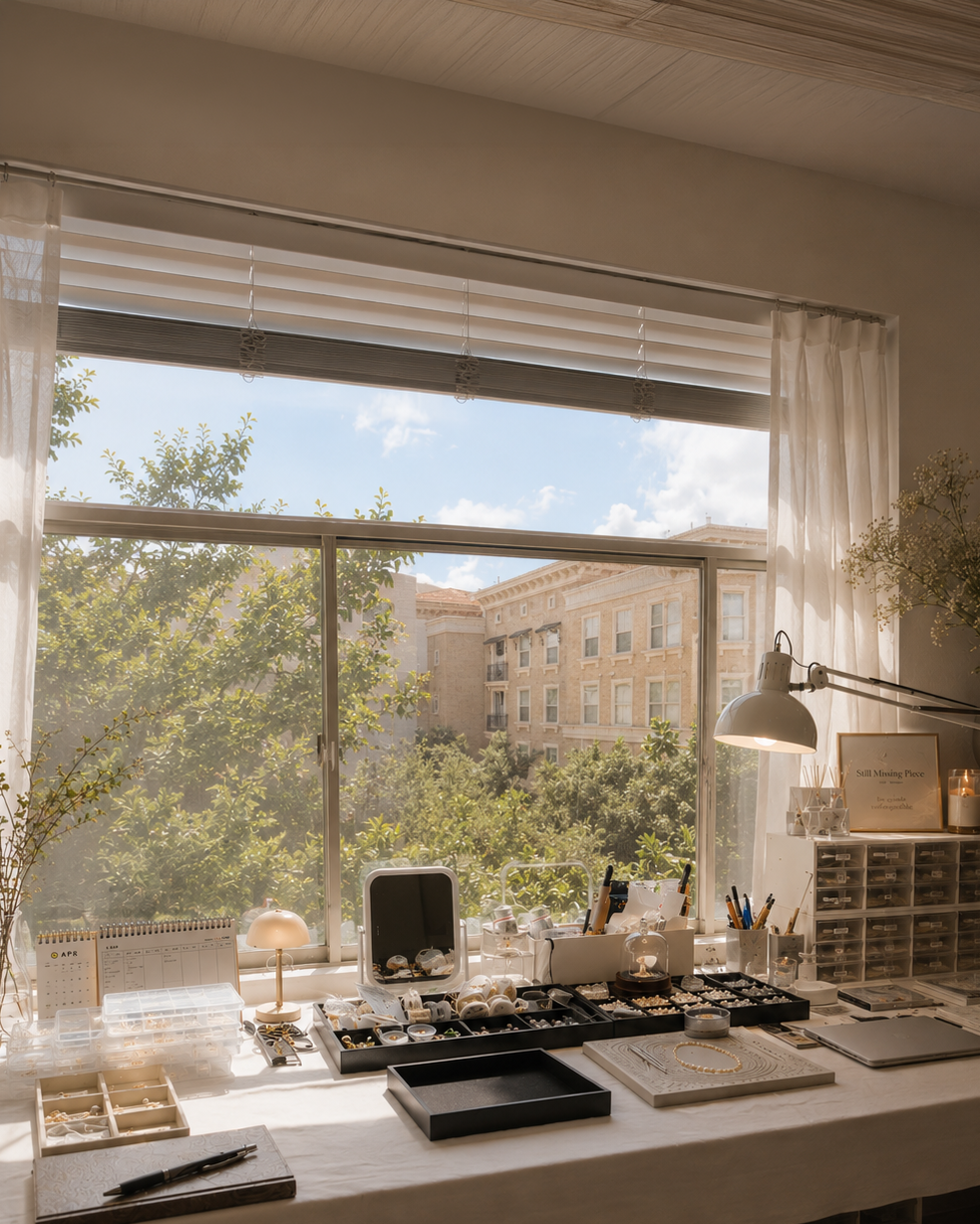 Home office with a large window view of trees and buildings