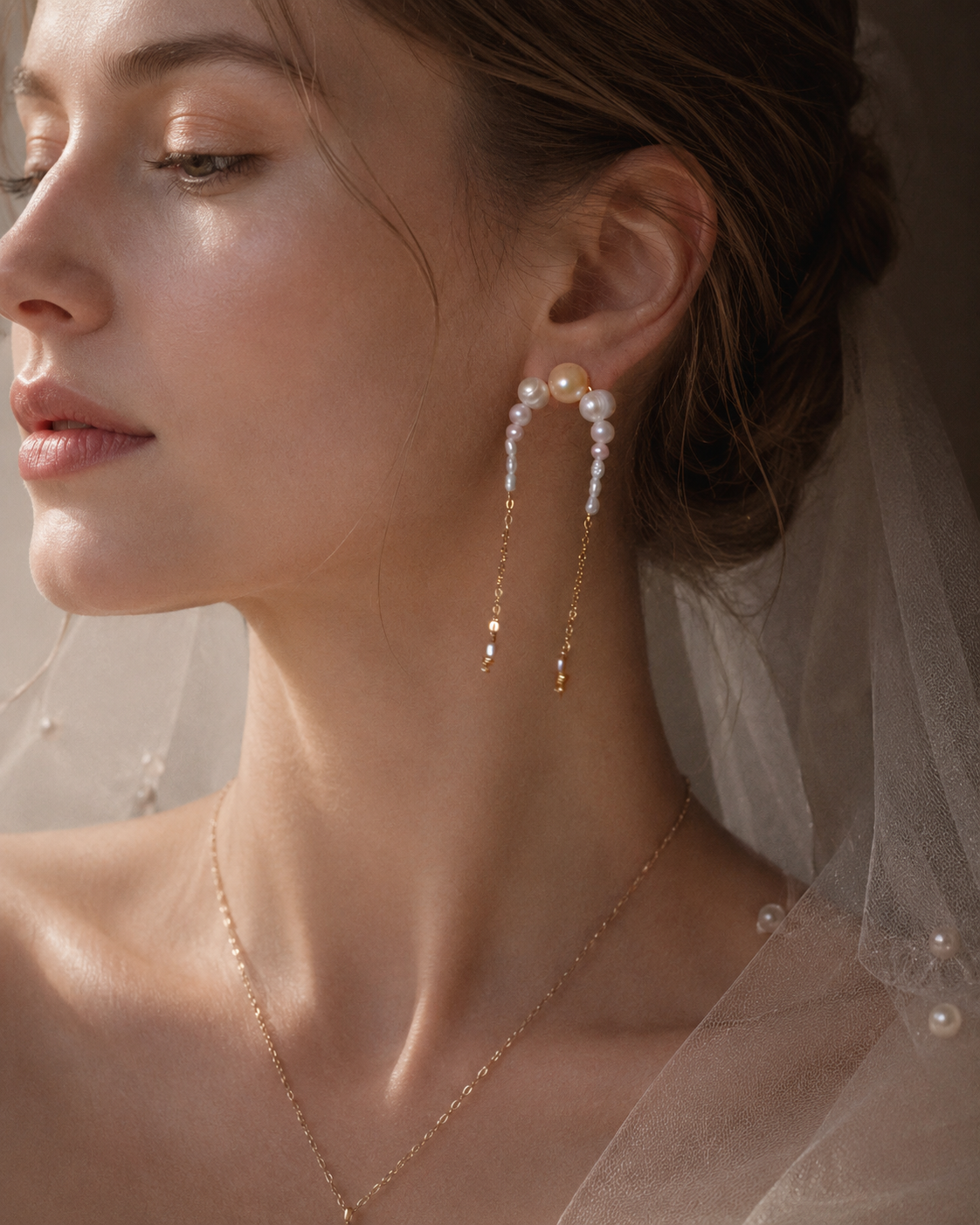 Close-up of a woman wearing pearl earrings and a delicate necklace with a soft focus background.